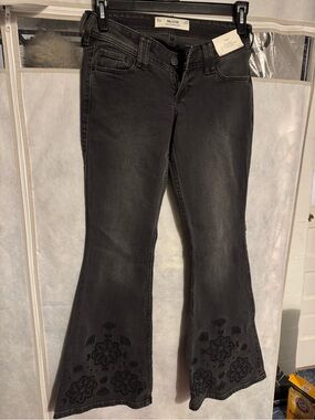 Hollister Black Embroidered Flare Jeans with Floral Hem